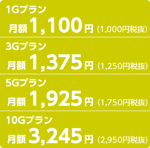 SMS付きSIM／1Gプラン月額1,100円（1,000円税抜）3Gプラン月額1,375円（1,250円税抜）5Gプラン月額1,925円（1,750円税抜）10Gプラン月額3,245円（2,950円税抜）